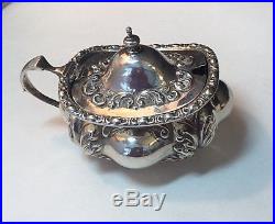 Antique Sterling Silver Lidded Salt with Repousse Design and Cobalt Insert