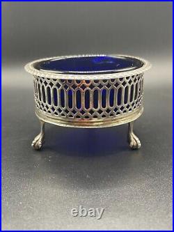 Antique Sterling Silver London, 1911 Open Salt Cellar with Blue Glass Liner