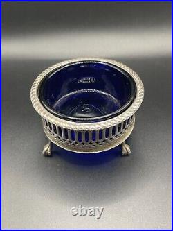 Antique Sterling Silver London, 1911 Open Salt Cellar with Blue Glass Liner