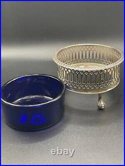 Antique Sterling Silver London, 1911 Open Salt Cellar with Blue Glass Liner