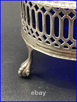 Antique Sterling Silver London, 1911 Open Salt Cellar with Blue Glass Liner