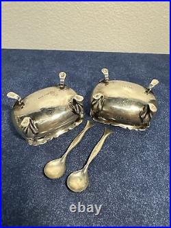 Antique Sterling Silver Salt Cellar Set w Spoons E. S. Barnsley & Co Ltd 52g P116