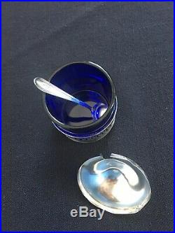 Antique Sterling Silver Salt Cellar with S Monogrammed Spoon. Blue Cobalt Glass