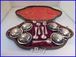Antique Sterling Silver Salt Cellars (6) & Sterling Silver Spoons (9) in Case