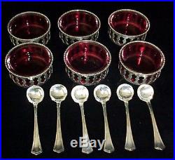 Antique Sterling Silver Salt Cellars Cranberry Glass Insert Org. Boxed Set 6 R&W