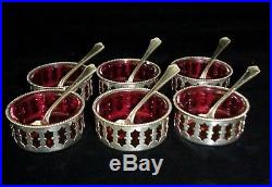 Antique Sterling Silver Salt Cellars Cranberry Glass Insert Org. Boxed Set 6 R&W