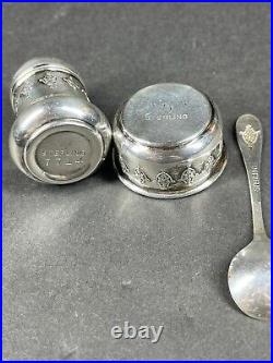 Antique Sterling Weidlich Salt Cellar w Spoon & Pepper Shaker Shield & Floral