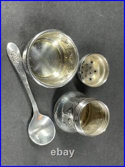 Antique Sterling Weidlich Salt Cellar w Spoon & Pepper Shaker Shield & Floral