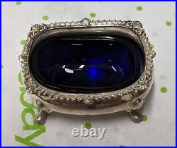 Antique T & Co. Sterling Cobalt Glass Salt Cellar Sheffield England 1969