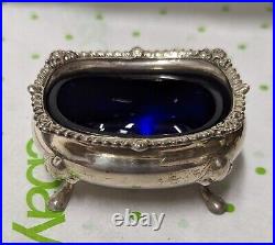 Antique T & Co. Sterling Cobalt Glass Salt Cellar Sheffield England 1969