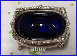 Antique T & Co. Sterling Cobalt Glass Salt Cellar Sheffield England 1969