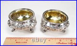 Antique Victorian Era Pair US 900 Coin Silver Floral Repousse Open Salt Cellars