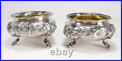 Antique Victorian Era Pair US 900 Coin Silver Floral Repousse Open Salt Cellars