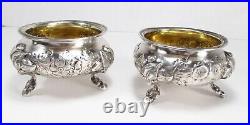 Antique Victorian Era Pair US 900 Coin Silver Floral Repousse Open Salt Cellars