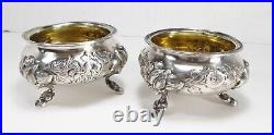 Antique Victorian Era Pair US 900 Coin Silver Floral Repousse Open Salt Cellars