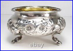 Antique Victorian Era Pair US 900 Coin Silver Floral Repousse Open Salt Cellars