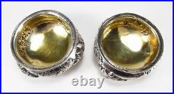 Antique Victorian Era Pair US 900 Coin Silver Floral Repousse Open Salt Cellars