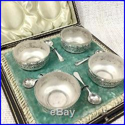 Antique Victorian Salt Cellars Table Cruet Bowl Silver Plated Repousse Boxed Set
