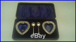 Antique Victorian Sterling Silver Heart Salt Cellars 1897 Nathan Hayes + Spoons