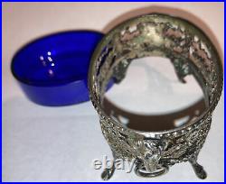 Antique Victorian Sterling Silver Open Salt Cellar Ram Heads Cobalt Glass Insert