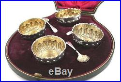 Antique Victorian Sterling Silver Salt Cellars & Spoons Cased Mappin & Webb 1899