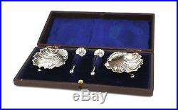 Antique Victorian Sterling Silver Scallop Shell Salt Cellars & Spoons Pair Cased