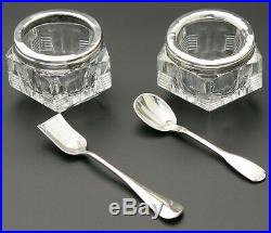 Antique Vintage Art Deco French Sterling Silver & Crystal Open Salt Cellars Pair