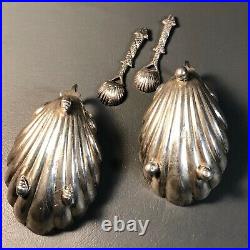 Antique Vintage Sterling Silver Salt Cellars and Spoons Egyptian Sea Shells Fish