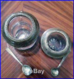 Antique Vintage Sterling Silver and Glass Salt & Pepper Cellars with Spoons