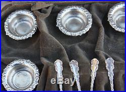 Antique WHITING Sterling Silver REPOUSSE Open SALT CELLARS & SPOONS Fitted Case