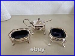 Antique WILLIAM ADAMS 30320 SILVER PLATE&COBALT GLASS mustard pot/ salt cellars