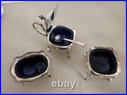 Antique WILLIAM ADAMS 30320 SILVER PLATE&COBALT GLASS mustard pot/ salt cellars