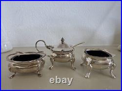 Antique WILLIAM ADAMS 30320 SILVER PLATE&COBALT GLASS mustard pot/ salt cellars