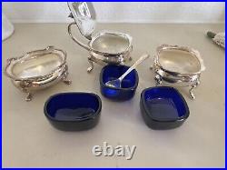 Antique WILLIAM ADAMS 30320 SILVER PLATE&COBALT GLASS mustard pot/ salt cellars