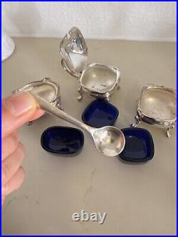 Antique WILLIAM ADAMS 30320 SILVER PLATE&COBALT GLASS mustard pot/ salt cellars