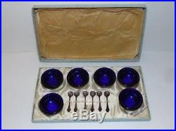 Antique Webster Sterling Silver Cobalt Glass 6 Piece Set Salt Cellars Spoons