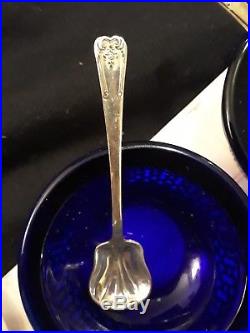 Antique Webster Sterling Silver Cobalt Glass 6 Piece Set Salt Cellars Spoons