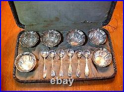 Antique Whiting Sterling Salt Cellars & (RLB) Spoons Set In Original Box