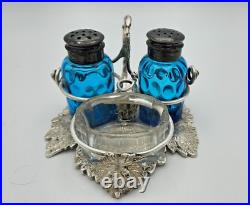 Antique sterling silver Hand-Made Stand withSalt & Pepper Shakers & Salt Cellar