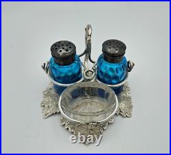 Antique sterling silver Hand-Made Stand withSalt & Pepper Shakers & Salt Cellar