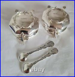 Antique sterling silver salt cellars & spoons. Sheffield 1921. Art nouveau design