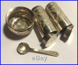 Authentic Set Of Russian/Persian Silver 84 Pepper Salt Shakers, Salt Cellar, Spoon