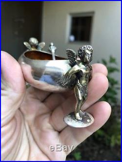 Awesome Set Of 4 British Victorian Sterling Silver Cupid Salt Cellars & Spoons