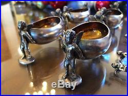 Awesome Set Of 4 British Victorian Sterling Silver Cupid Salt Cellars & Spoons