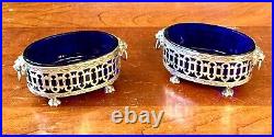 BEAUTIFUL Antique 800 Silver & Blue Glass Salt Cellars with Lion Heads & Feet