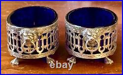 BEAUTIFUL Antique 800 Silver & Blue Glass Salt Cellars with Lion Heads & Feet