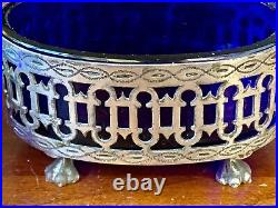 BEAUTIFUL Antique 800 Silver & Blue Glass Salt Cellars with Lion Heads & Feet