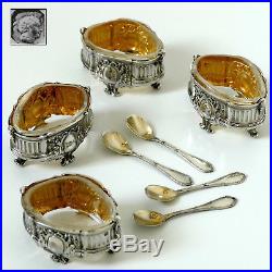 Barrier French Sterling Silver 18k Gold 4 Salt Cellars, Spoons, Box, Neoclassical