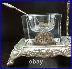 Beautiful Antique 1920s German Crystal & 800 Silver Condiment Cellar /w Spoons