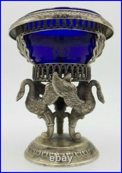 Beautiful Antique Empire European Sterling Silver & Cobalt Glass Salt Cellar